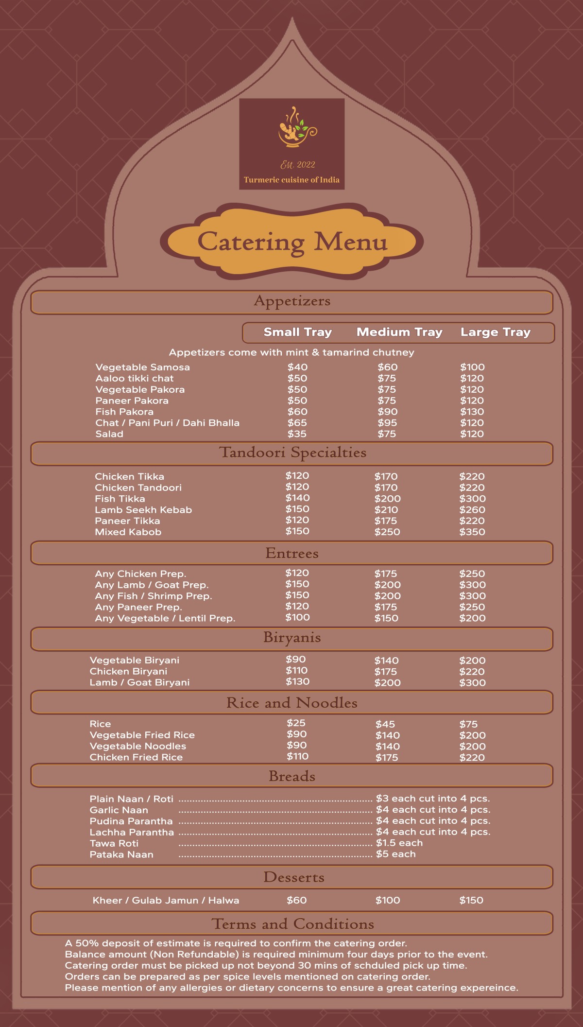 Turmeric Cuisine of India - Catering Menu