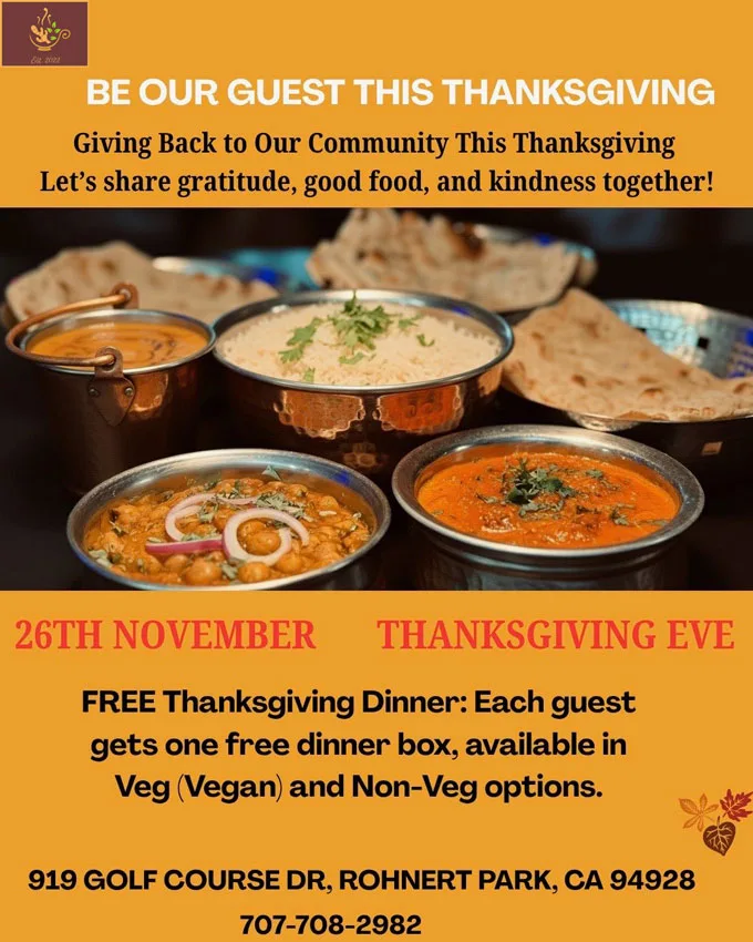 Thanksgiving Dinner Boxes at Turmeric Cuisine of India - Texts, logo and bowls of Indian food. 